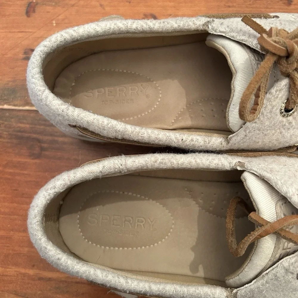 Sperry Womens 6.5 Boat Shoe Tan/Beige Leather Wool‎ Acrylic Deck
